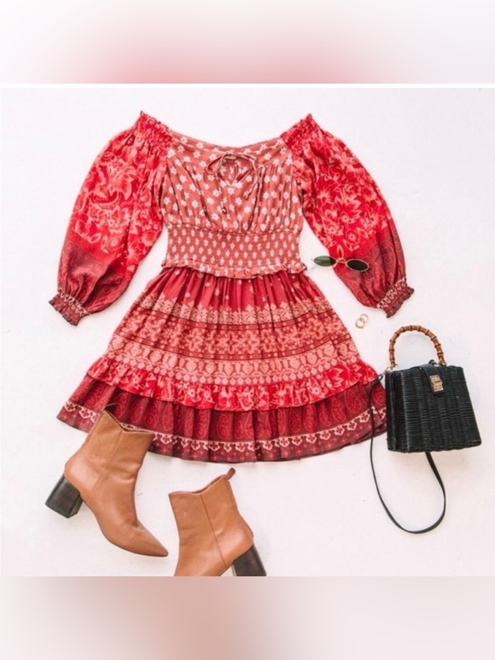 Spell X Tuula Gypsiana Red White Mini Dress Boho Cottagecore Boho Medium Floral